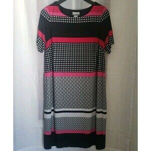 Catherines Women's 0X Multicolor Geometric Pattern Dress Short Sleeve Black Pink